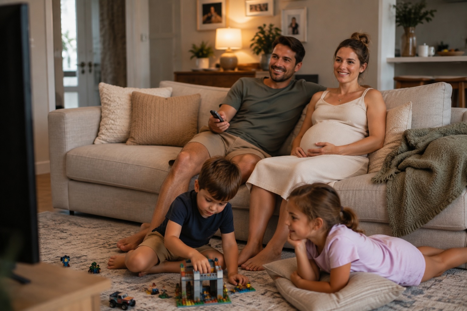 An expecting couple at home with their two young children