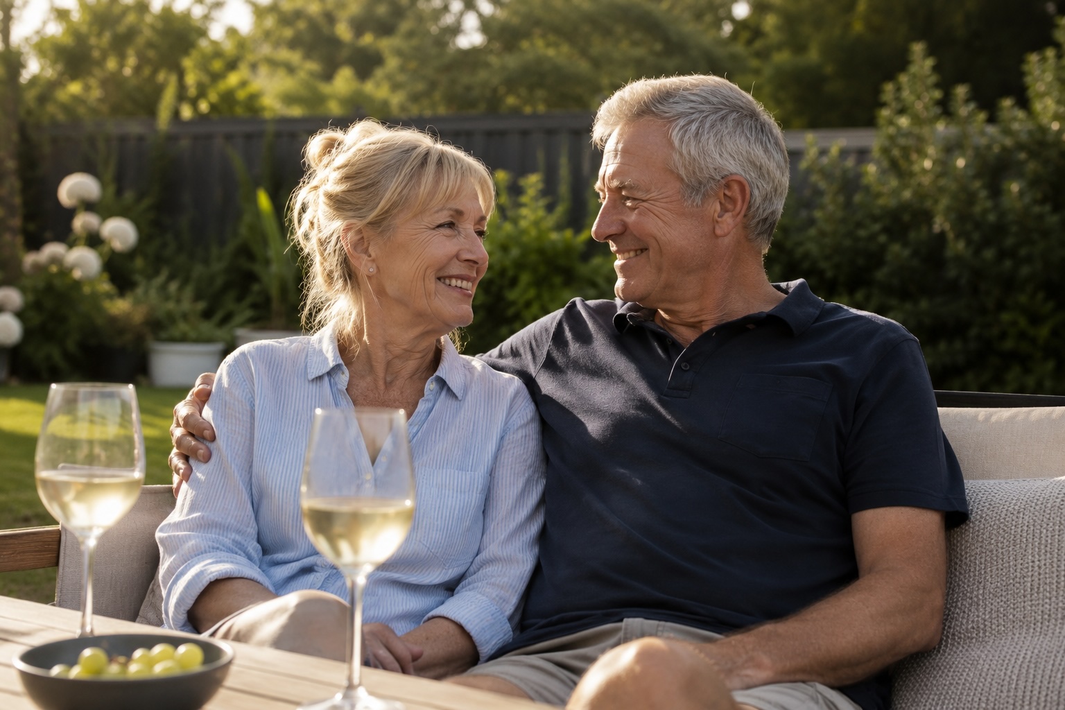 An Australian couple in their sixties relaxing in their backyard
