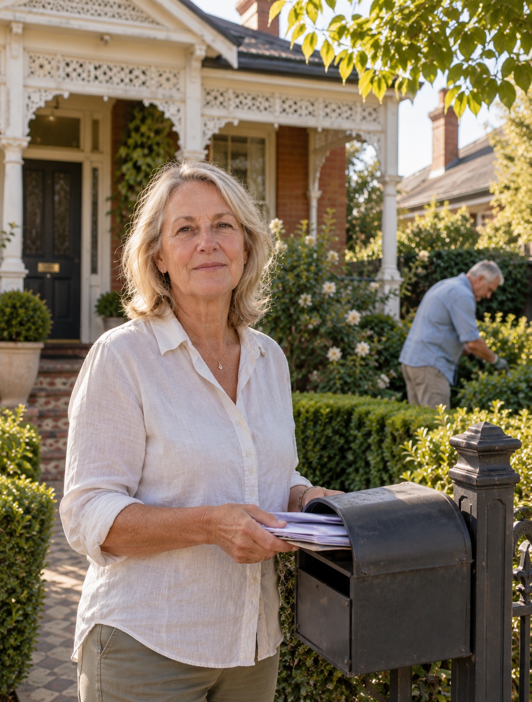 Woman at her letterbox outside her home