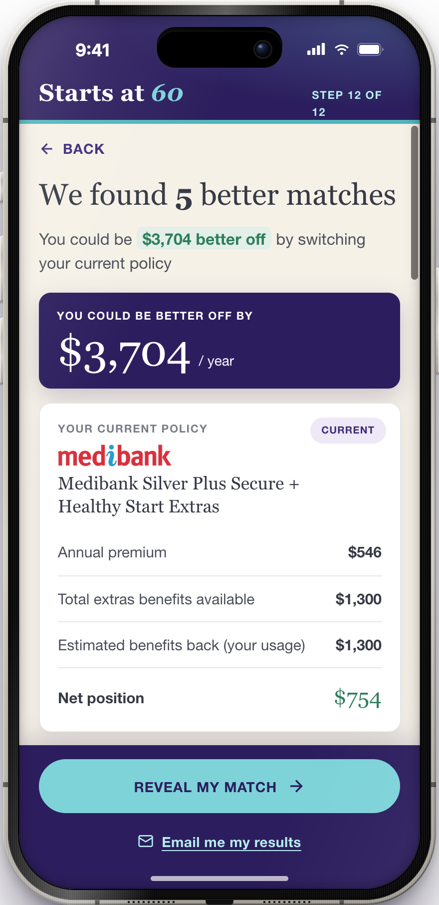 Phone showing the extras calculator result — five better matches and $3,704 a year better off