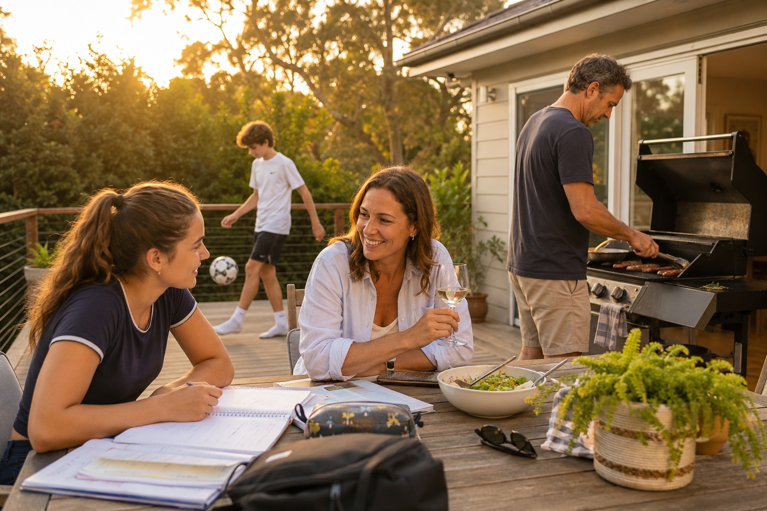 A family with teenagers having dinner on their deck at sunset